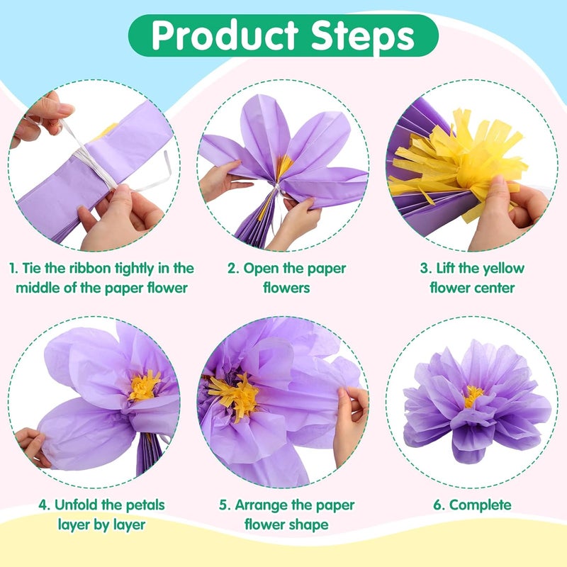 Geyee 12 Pcs 10" 20" Giant Mexican Fiesta Paper Flowers and 16 Pcs Leaves, Large Colorful Tissue Crepe Flowers Pom Poms Craft for Floral Backdrop Day of The Dead Birthday Party Decor(Cute Color) - Image 4